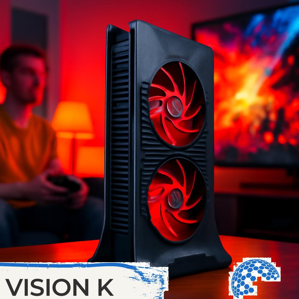 ALT Text: Moderne Konsolen-Kühlvorrichtung in elegantem Design zur optimalen Temperaturregulierung von Gaming-Konsolen im Entertainment-Bereich.