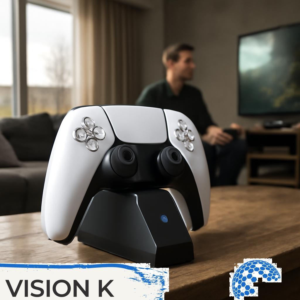 ALT Text: Kabellose Ladestation für Controller im Entertainment-Bereich mit zwei aufgeladenen Gaming-Controllern.