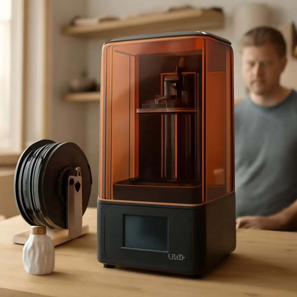 DLP-3D-Drucker beim Drucken eines detaillierten Harzmodells