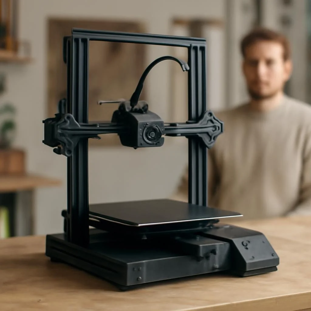 FDM-3D-Drucker mit Extruder und gedrucktem Kunststoffbauteil auf Druckbett
