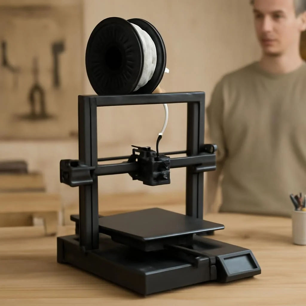 Filament-3D-Drucker neben gedrucktem Kunststoffmodell