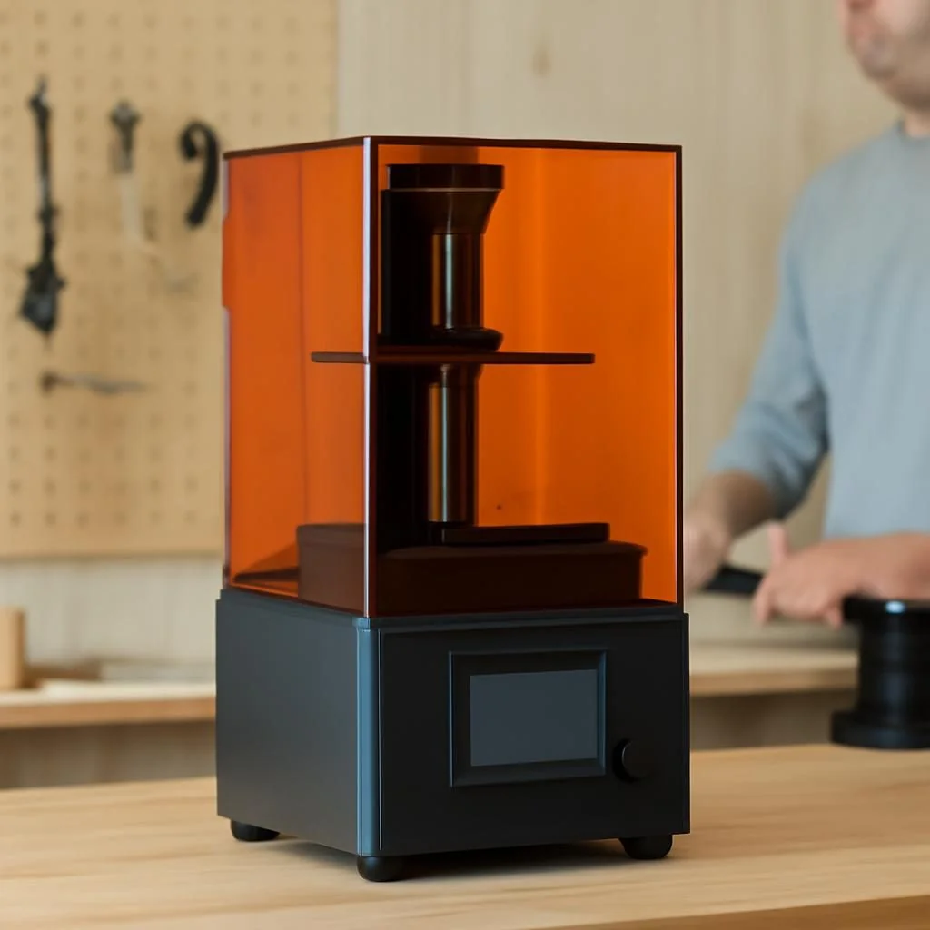 LCD-Resin-Drucker mit Harzbehälter und gedruckten Modellteilen