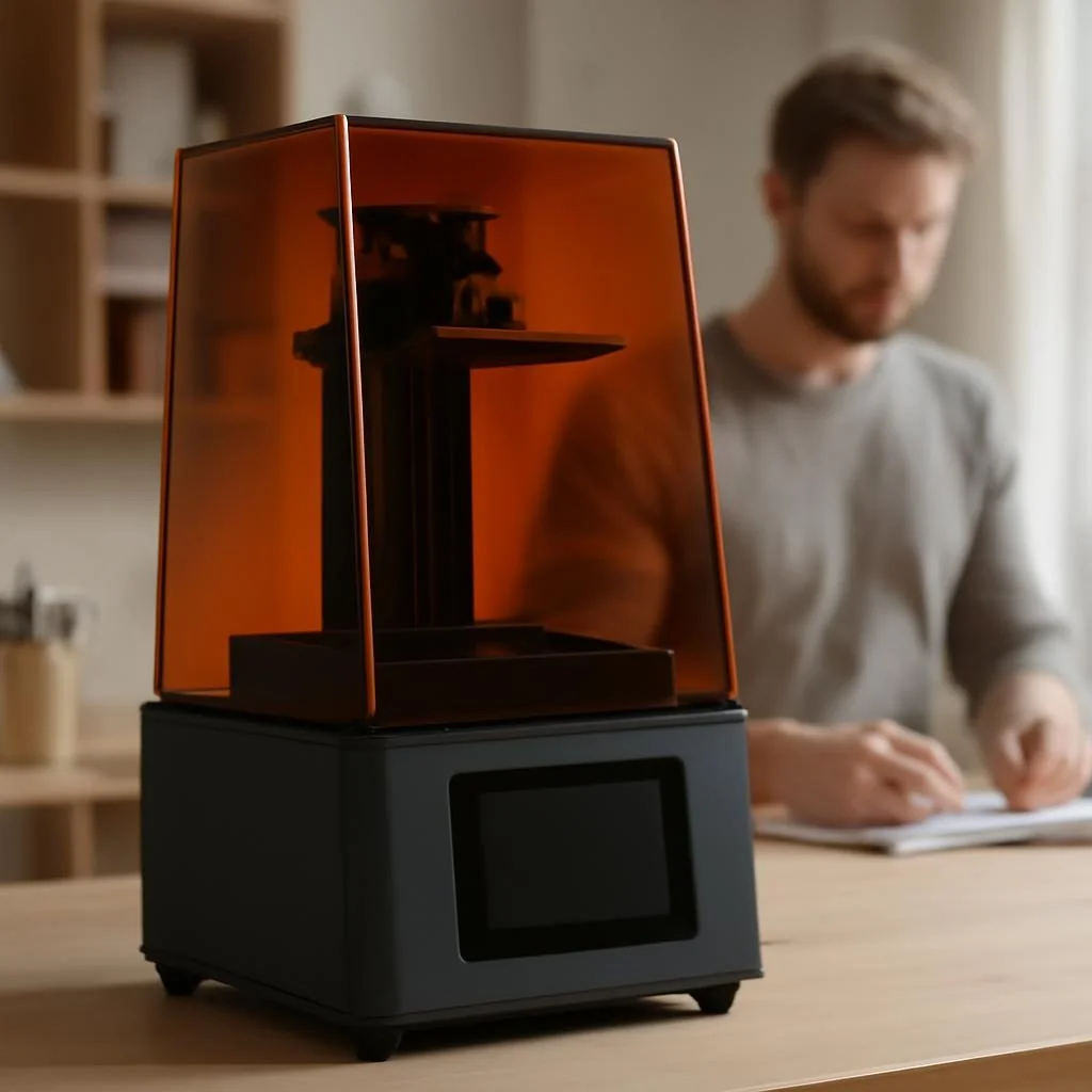 Resin-3D-Drucker auf Werkbank mit gedrucktem Modell